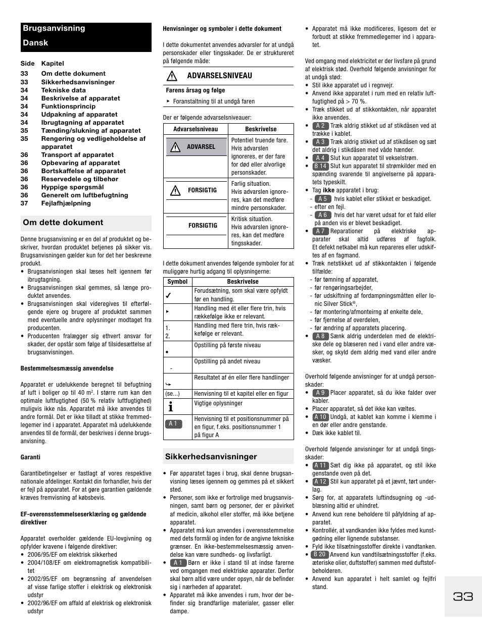 Om dette dokument, Advarselsniveau, Sikkerhedsanvisninger | Brugsanvisning dansk | Boneco Air-O-Swiss E2441A User Manual | Page 39 / 114