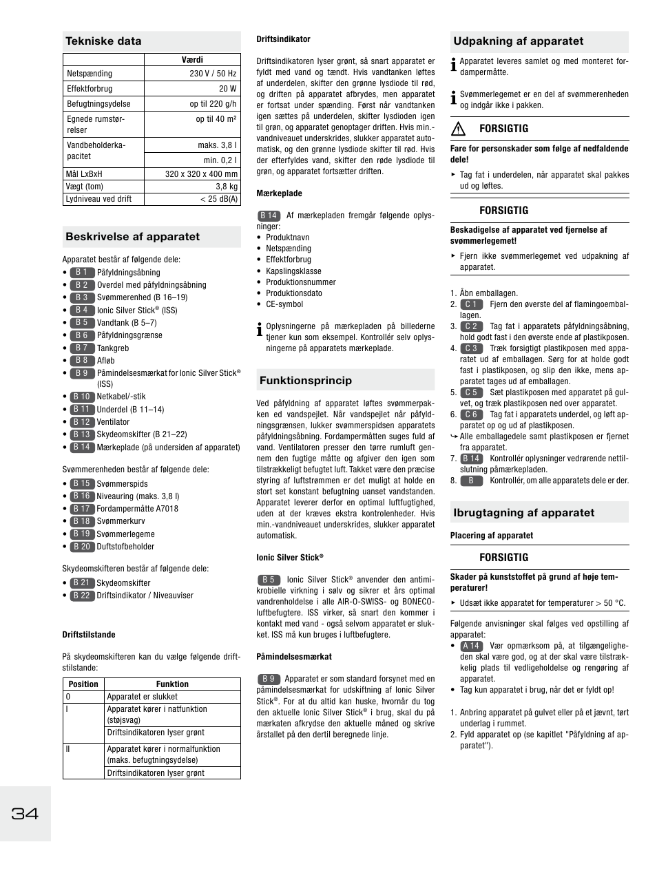 Funktionsprincip, Udpakning af apparatet, Forsigtig | Ibrugtagning af apparatet, Tekniske data, Beskrivelse af apparatet | Boneco Air-O-Swiss E2441A User Manual | Page 40 / 114