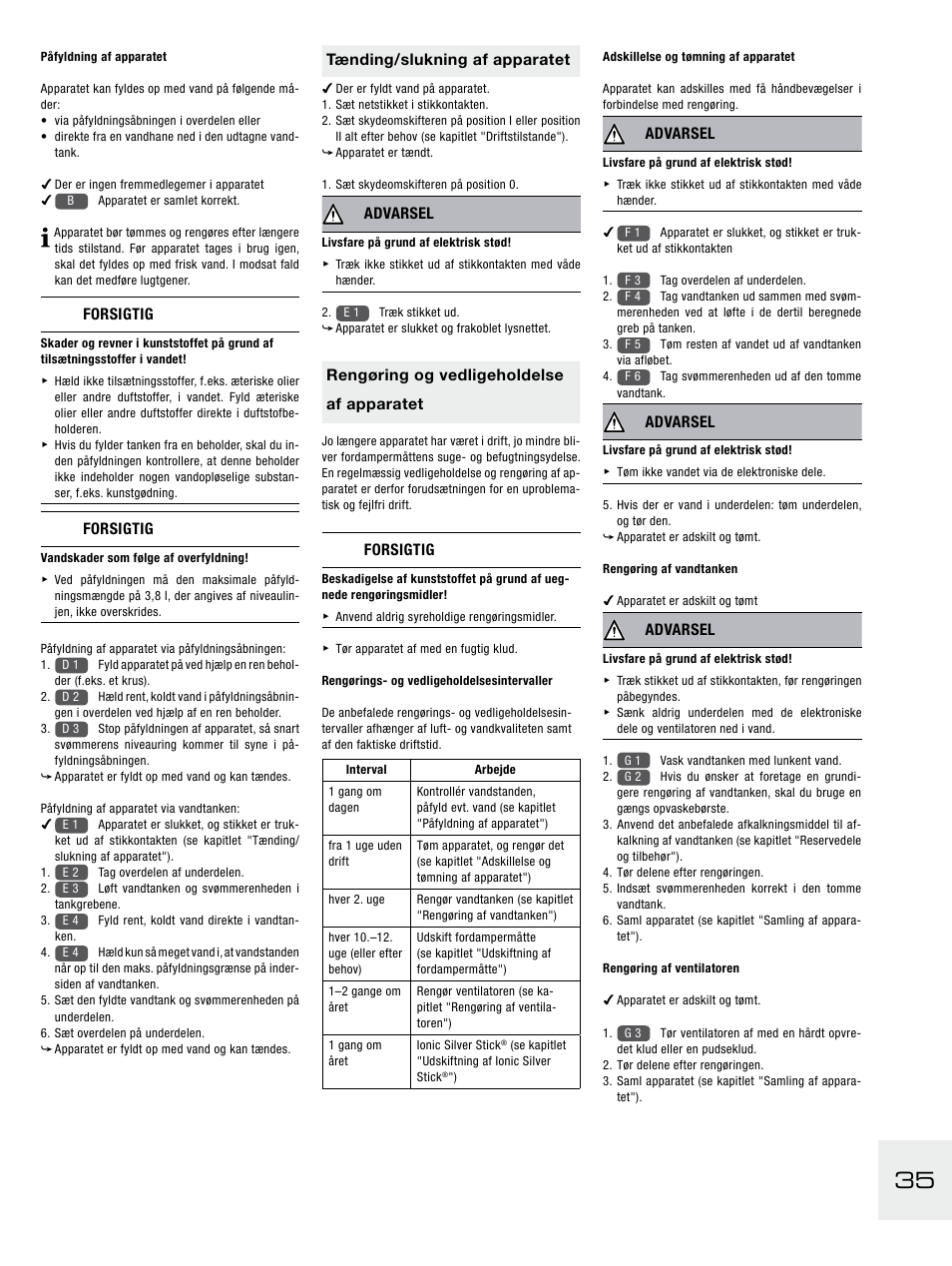 Forsigtig, Tænding/slukning af apparatet, Advarsel | Rengøring og vedligeholdelse af apparatet | Boneco Air-O-Swiss E2441A User Manual | Page 41 / 114