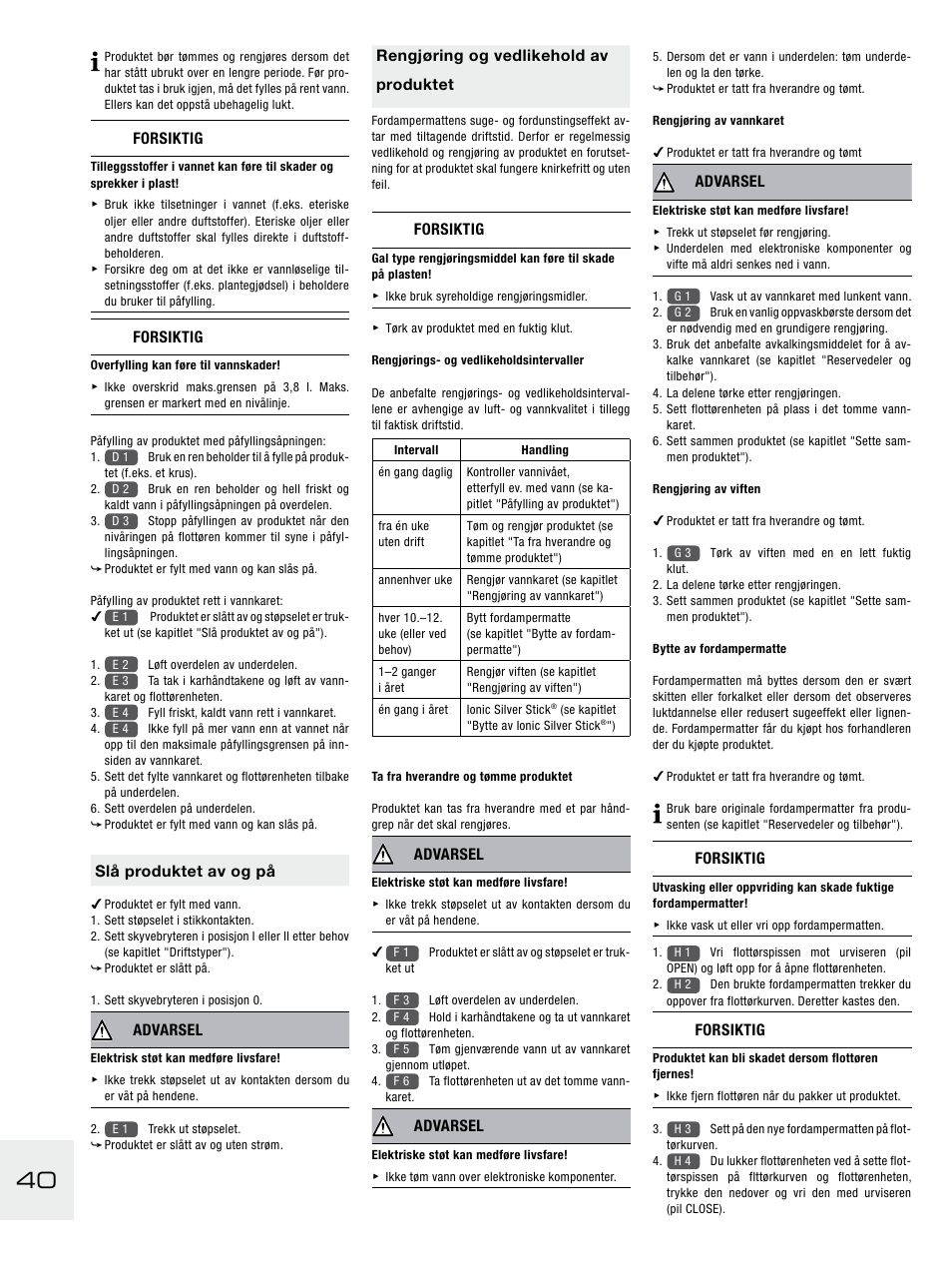 Forsiktig, Slå produktet av og på, Advarsel | Rengjøring og vedlikehold av produktet | Boneco Air-O-Swiss E2441A User Manual | Page 46 / 114