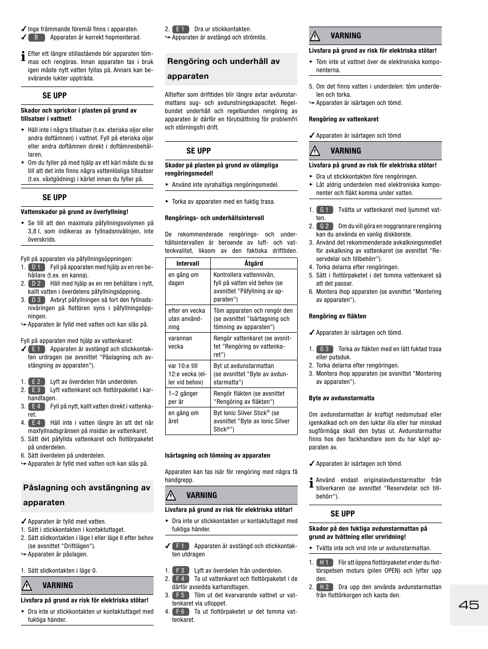 Se upp, Påslagning och avstängning av apparaten, Varning | Rengöring och underhåll av apparaten | Boneco Air-O-Swiss E2441A User Manual | Page 51 / 114