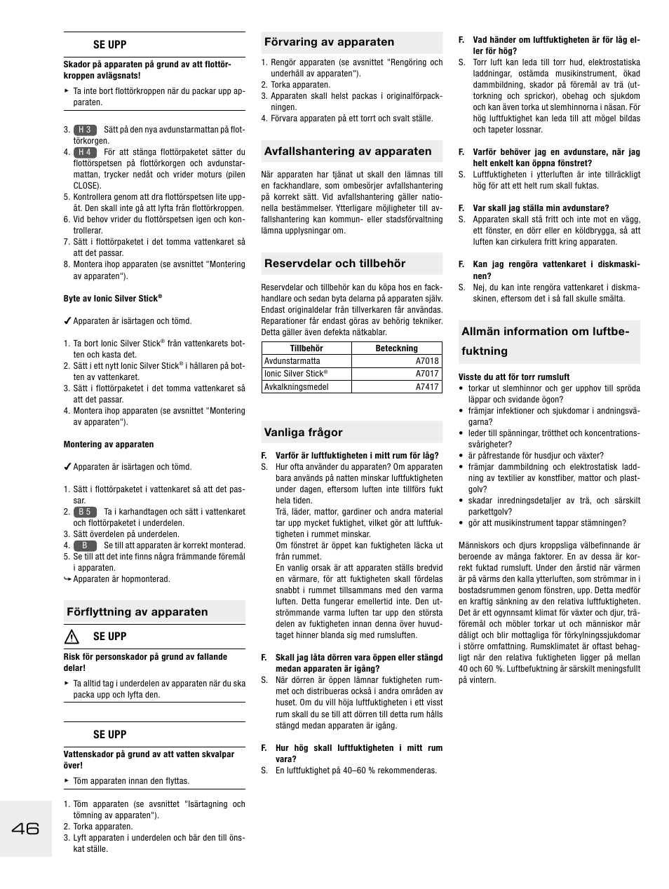 Se upp, Förflyttning av apparaten se upp, Förvaring av apparaten | Avfallshantering av apparaten, Reservdelar och tillbehör, Vanliga frågor, Allmän information om luftbe- fuktning | Boneco Air-O-Swiss E2441A User Manual | Page 52 / 114