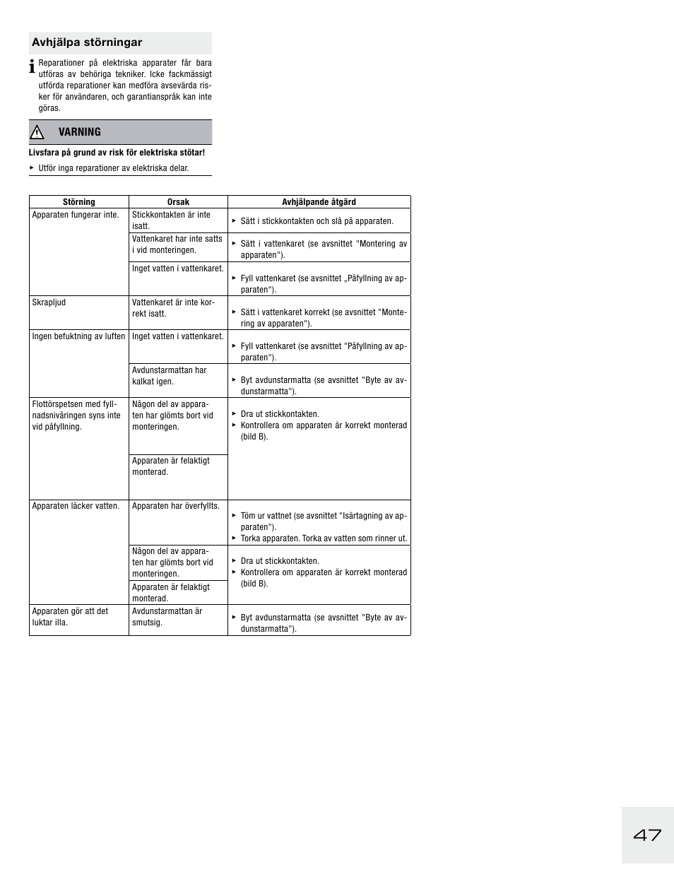 Avhjälpa störningar, Varning | Boneco Air-O-Swiss E2441A User Manual | Page 53 / 114