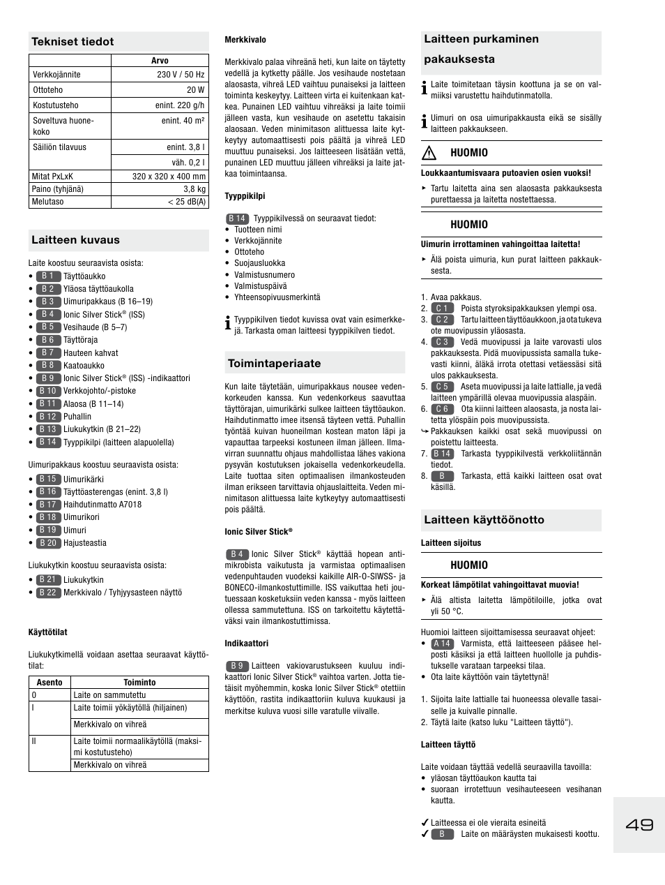 Toimintaperiaate, Laitteen purkaminen pakauksesta, Huomio | Laitteen käyttöönotto, Tekniset tiedot, Laitteen kuvaus | Boneco Air-O-Swiss E2441A User Manual | Page 55 / 114