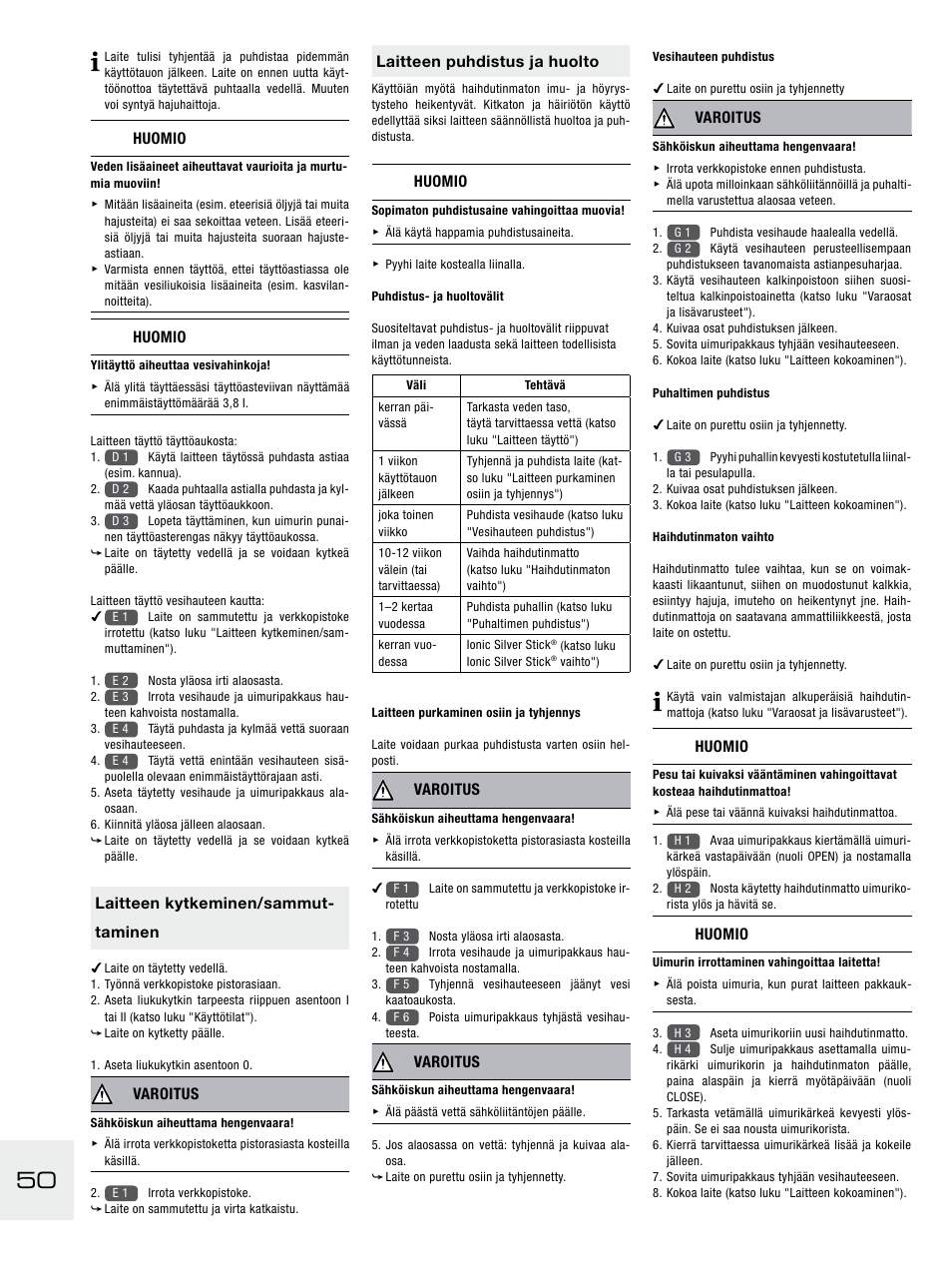 Huomio, Laitteen kytkeminen/sammut- taminen, Varoitus | Laitteen puhdistus ja huolto | Boneco Air-O-Swiss E2441A User Manual | Page 56 / 114