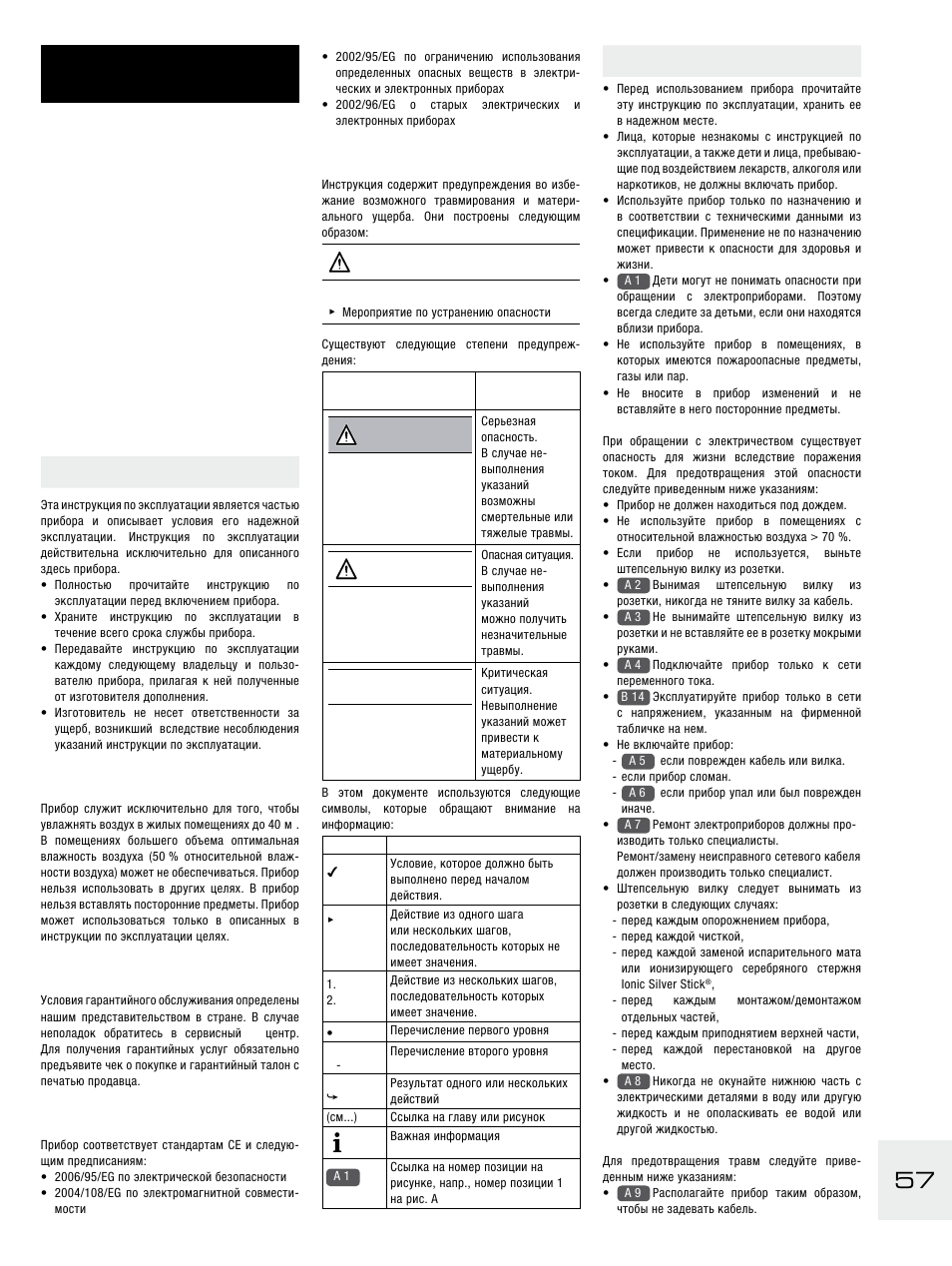 Общие сведения, Степень предупреждения, Техника безопасности | Инструкция по эксплуатации pусский | Boneco Air-O-Swiss E2441A User Manual | Page 63 / 114