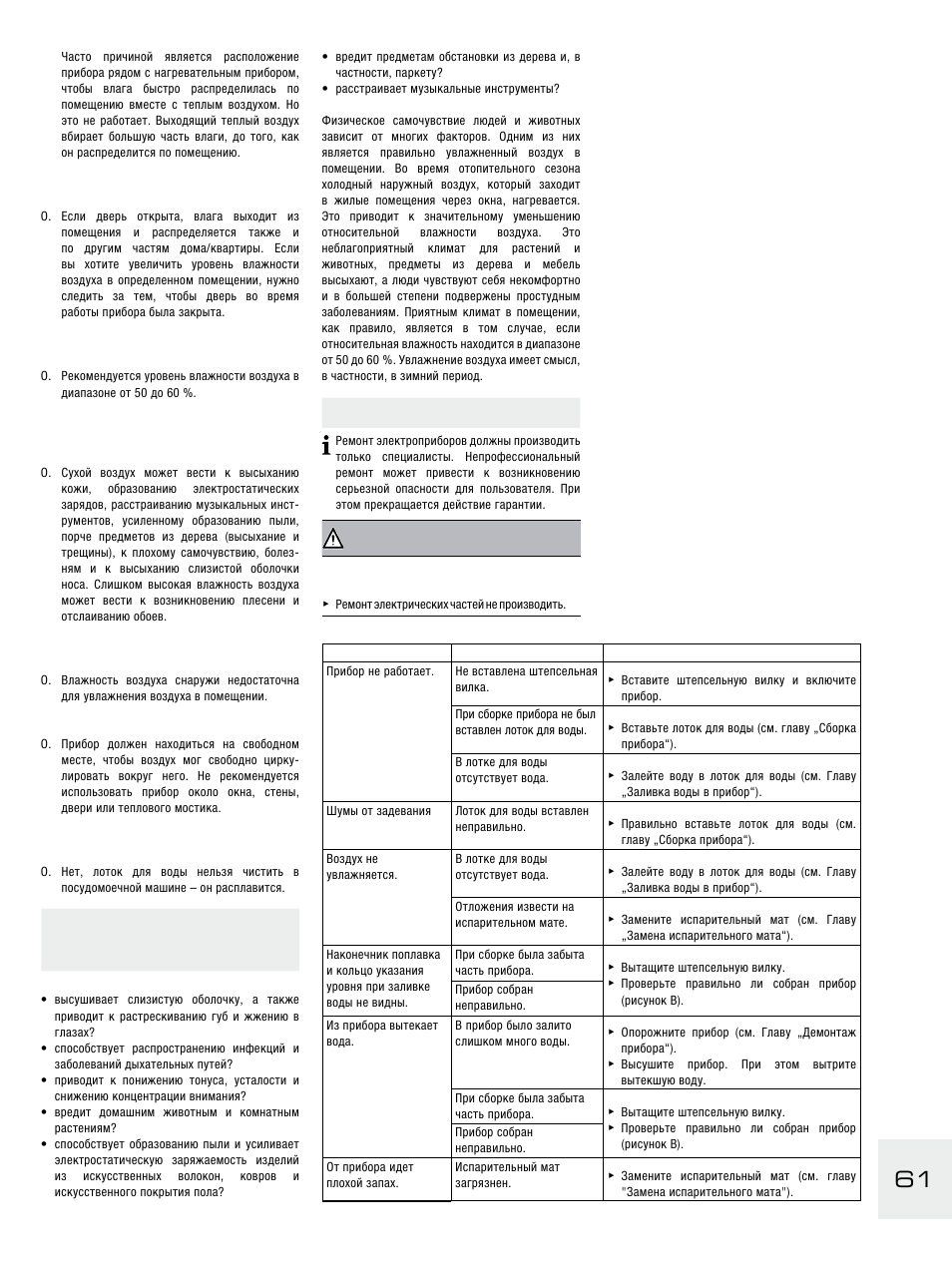 Общая информация об увлажнении воздуха, Устранение неполадок, Предупреждение | Boneco Air-O-Swiss E2441A User Manual | Page 67 / 114