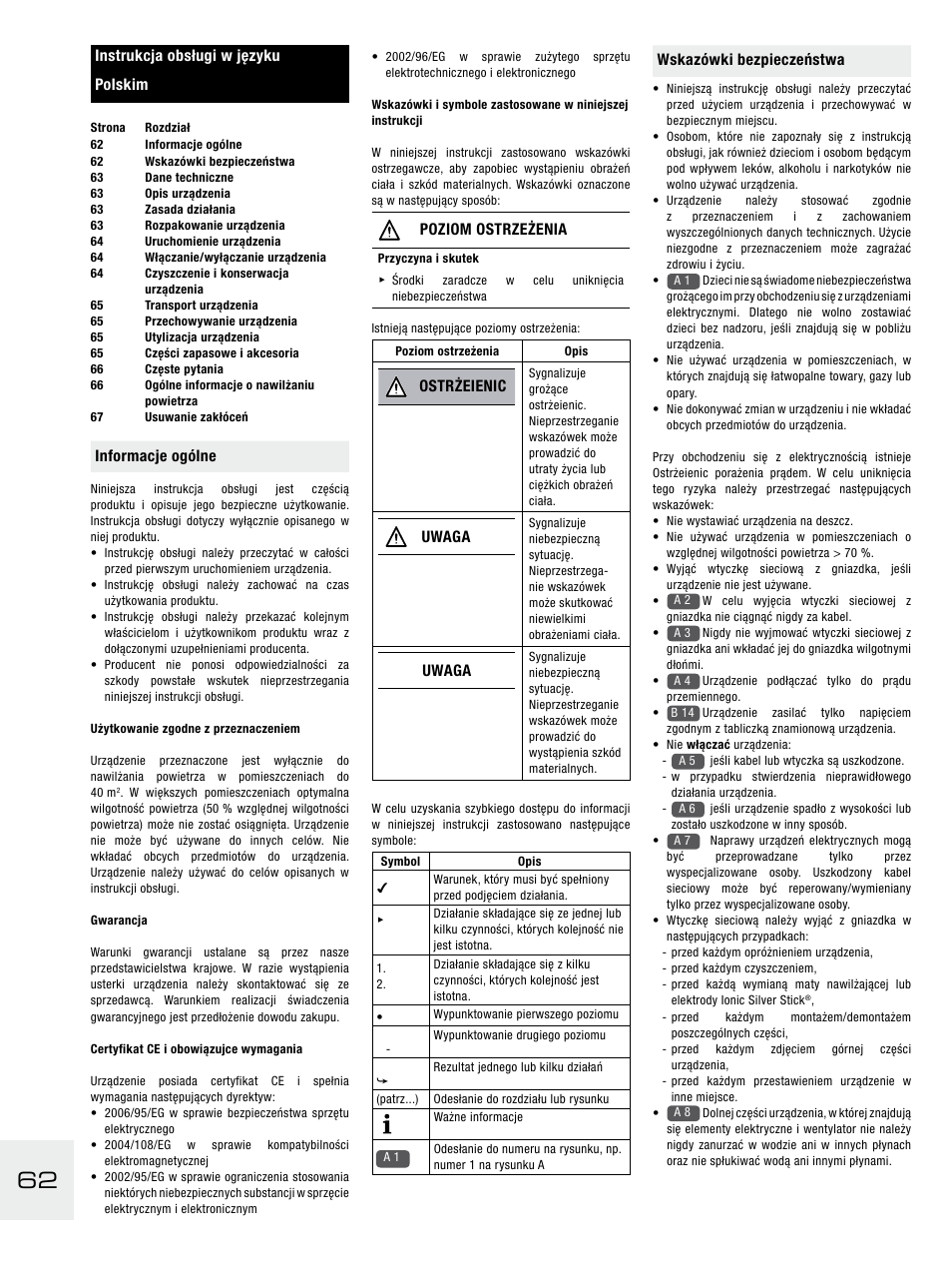 Informacje ogólne, Poziom ostrzeżenia, Ostrżeienic | Uwaga, Wskazówki bezpieczeństwa, Instrukcja obsługi w języku polskim | Boneco Air-O-Swiss E2441A User Manual | Page 68 / 114