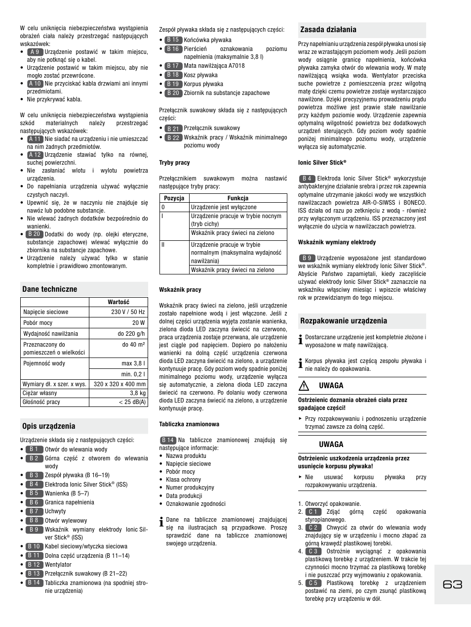 Zasada działania, Rozpakowanie urządzenia, Uwaga | Dane techniczne, Opis urządzenia | Boneco Air-O-Swiss E2441A User Manual | Page 69 / 114