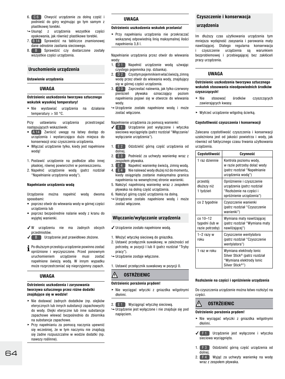 Uruchomienie urządzenia, Uwaga, Włączanie/wyłączanie urządzenia | Ostrżeienic, Czyszczenie i konserwacja urządzenia | Boneco Air-O-Swiss E2441A User Manual | Page 70 / 114