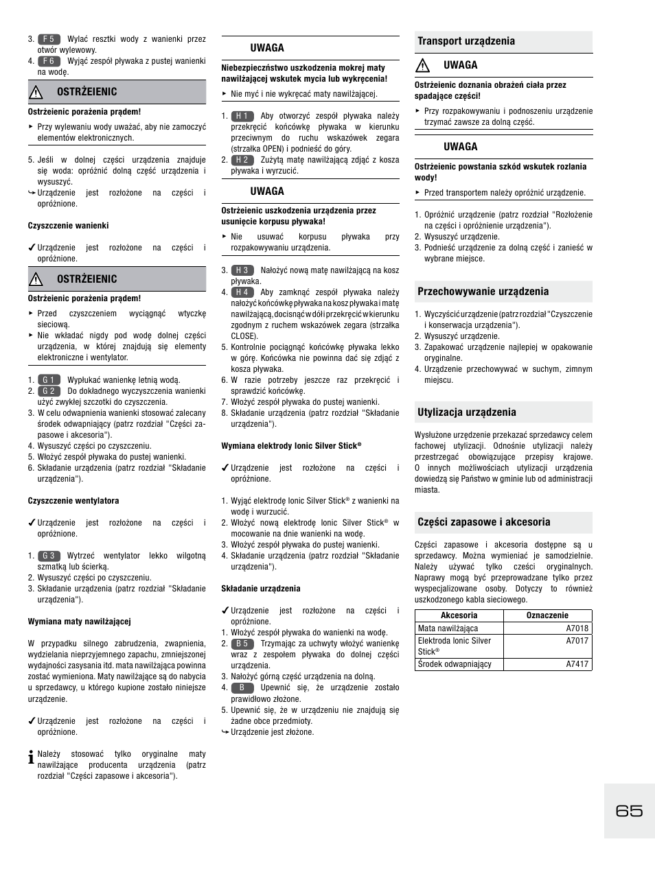 Ostrżeienic, Uwaga, Transport urządzenia uwaga | Przechowywanie urządzenia, Utylizacja urządzenia, Części zapasowe i akcesoria | Boneco Air-O-Swiss E2441A User Manual | Page 71 / 114