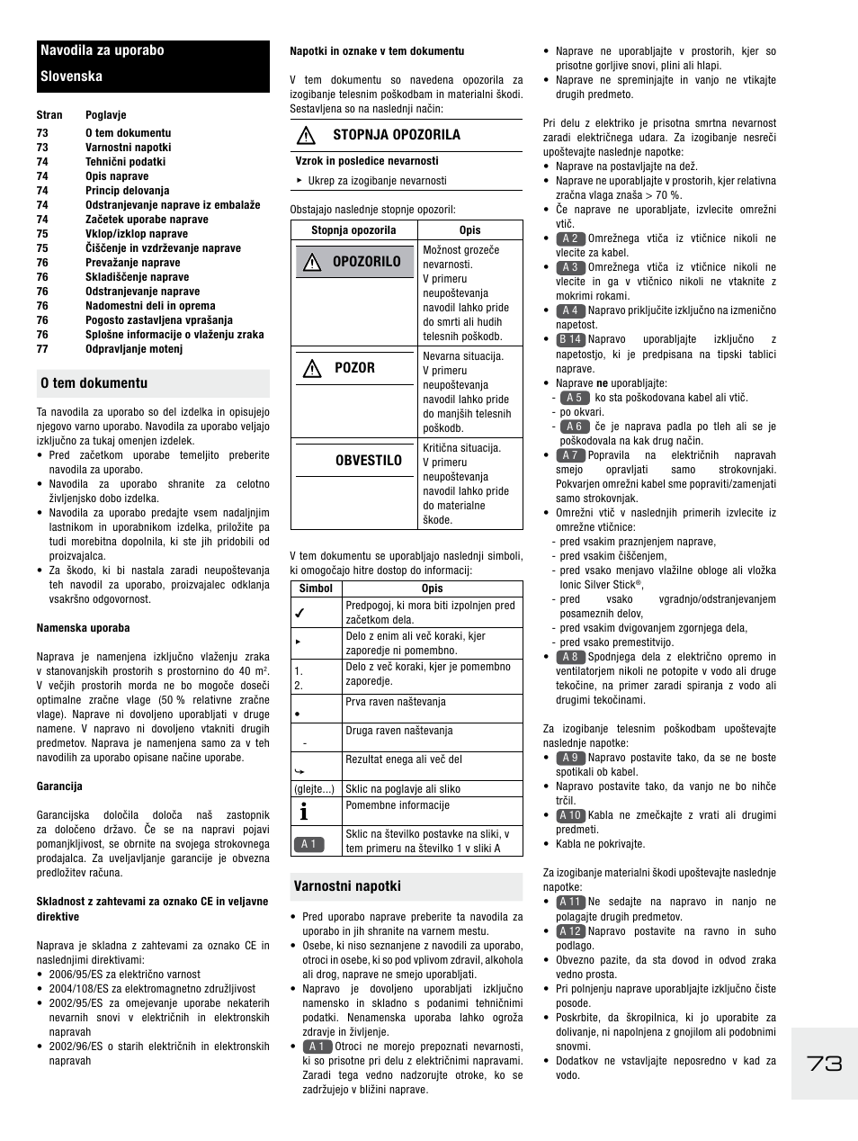 O tem dokumentu, Stopnja opozorila, Opozorilo | Pozor, Obvestilo, Varnostni napotki, Navodila za uporabo slovenska | Boneco Air-O-Swiss E2441A User Manual | Page 79 / 114