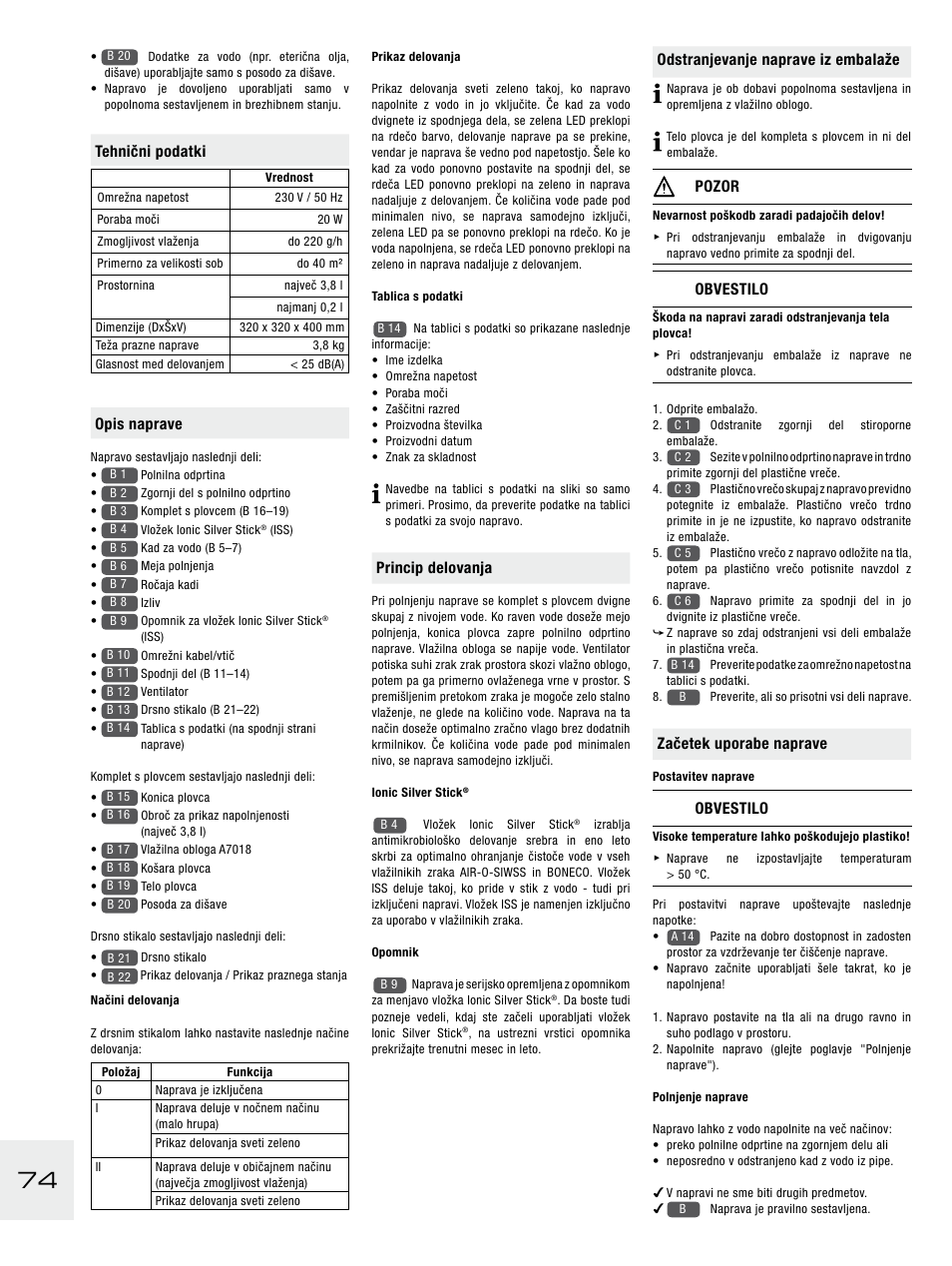 Princip delovanja, Odstranjevanje naprave iz embalaže, Pozor | Obvestilo, Začetek uporabe naprave, Tehnični podatki, Opis naprave | Boneco Air-O-Swiss E2441A User Manual | Page 80 / 114