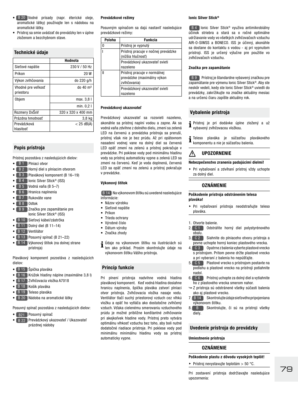 Princíp funkcie, Vybalenie prístroja, Upozornenie | Oznámenie, Uvedenie prístroja do prevádzky, Technické údaje, Popis prístroja | Boneco Air-O-Swiss E2441A User Manual | Page 85 / 114