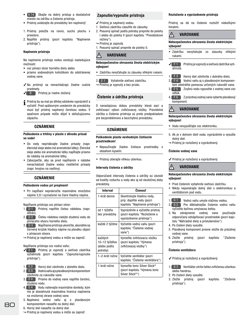 Oznámenie, Zapnutie/vypnutie prístroja, Varovanie | Čistenie a údržba prístroja | Boneco Air-O-Swiss E2441A User Manual | Page 86 / 114