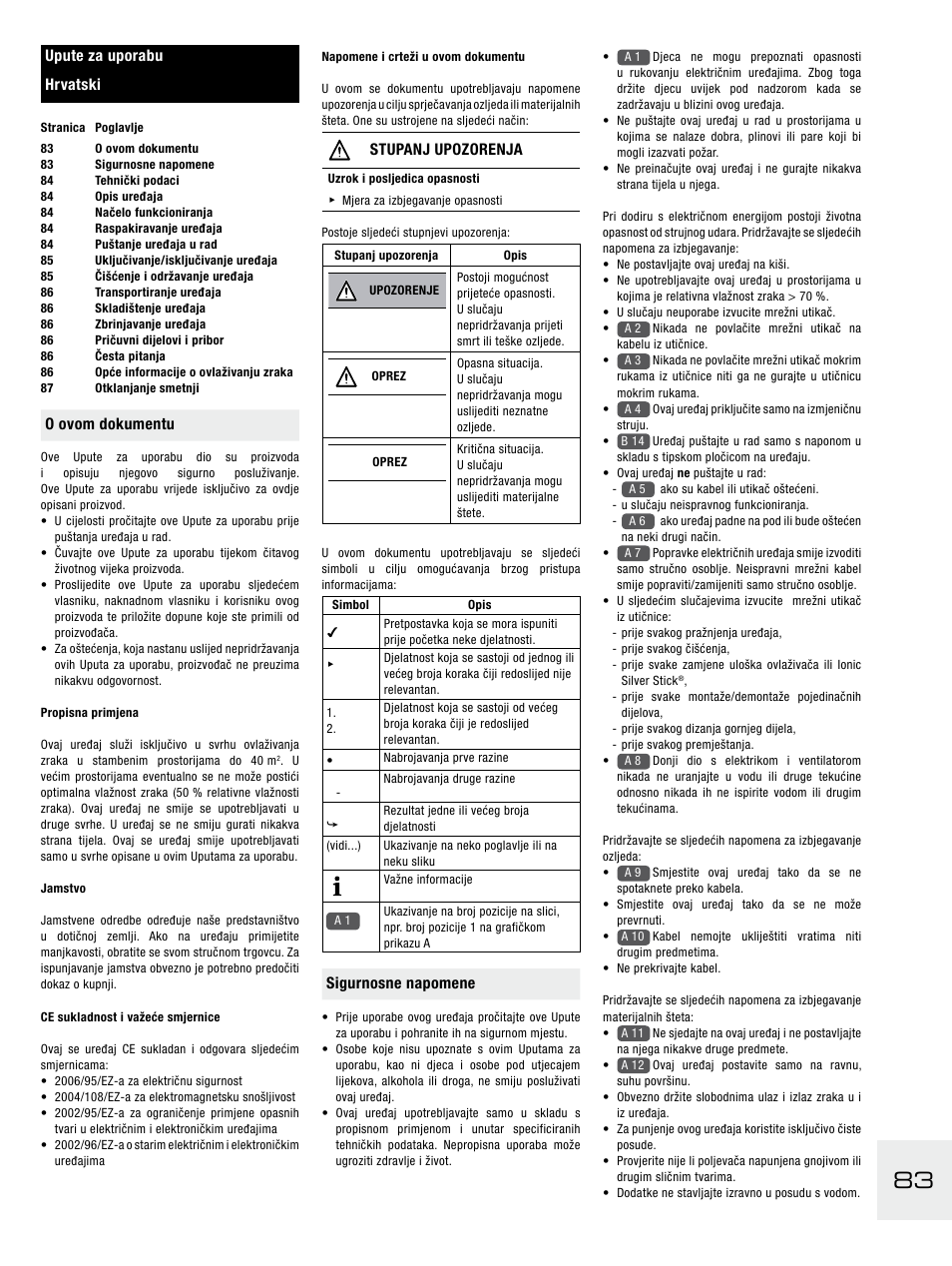 O ovom dokumentu, Stupanj upozorenja, Sigurnosne napomene | Upute za uporabu hrvatski | Boneco Air-O-Swiss E2441A User Manual | Page 89 / 114
