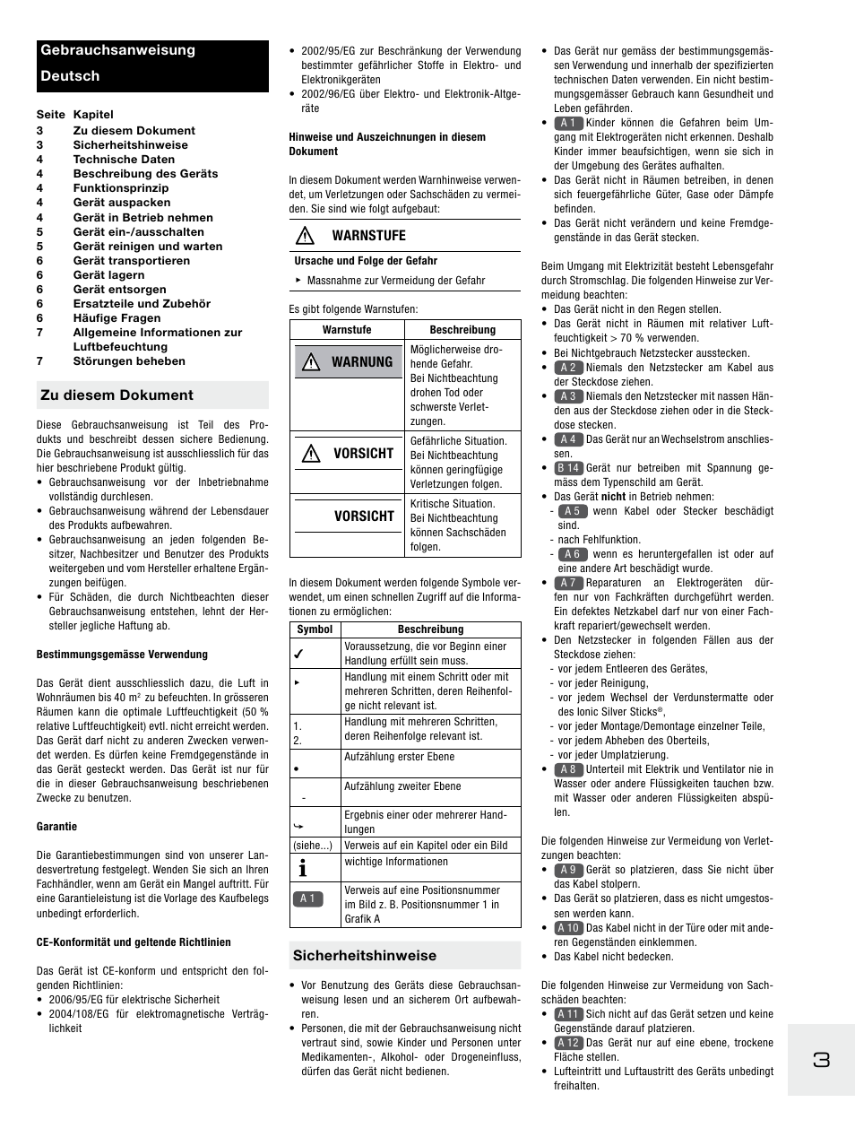 Zu diesem dokument, Warnstufe, Warnung | Vorsicht, Sicherheitshinweise, Gebrauchsanweisung deutsch | Boneco Air-O-Swiss E2441A User Manual | Page 9 / 114