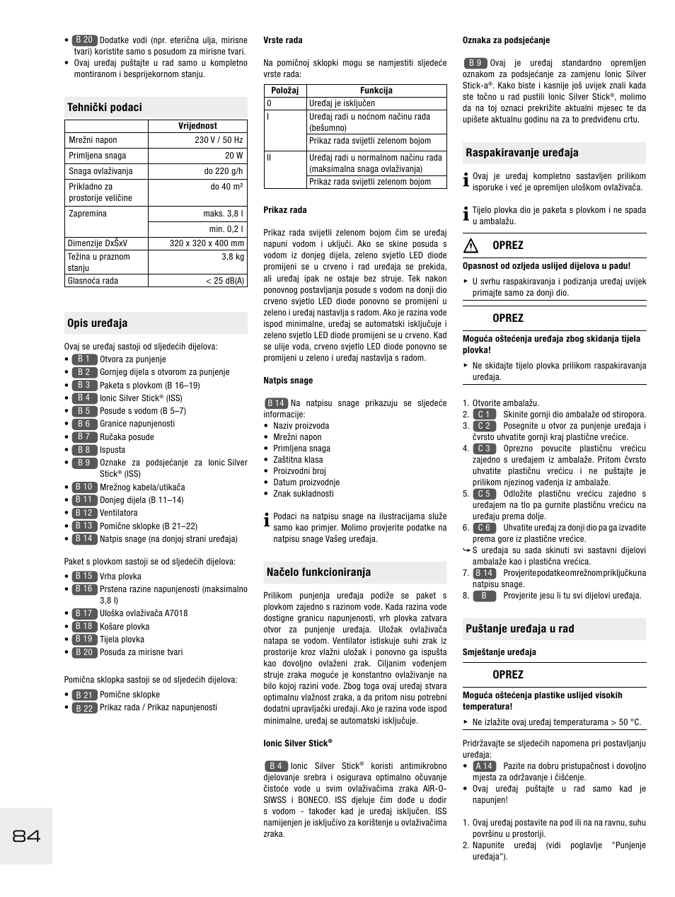 Načelo funkcioniranja, Raspakiravanje uređaja, Oprez | Puštanje uređaja u rad, Tehnički podaci, Opis uređaja | Boneco Air-O-Swiss E2441A User Manual | Page 90 / 114