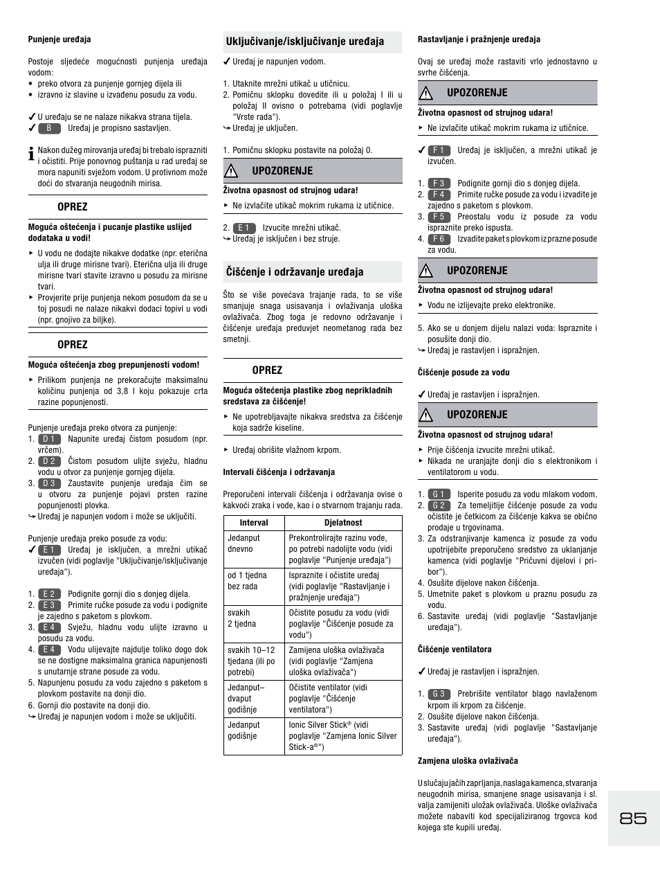 Oprez, Uključivanje/isključivanje uređaja, Upozorenje | Čišćenje i održavanje uređaja | Boneco Air-O-Swiss E2441A User Manual | Page 91 / 114