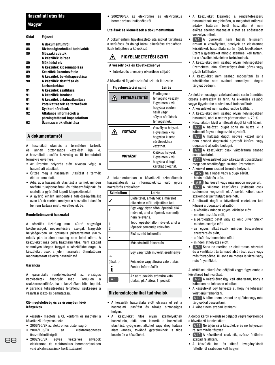 A dokumentumról, Figyelmeztetési szint, Biztonságtechnikai tudnivalók | Használati utasítás magyar | Boneco Air-O-Swiss E2441A User Manual | Page 94 / 114