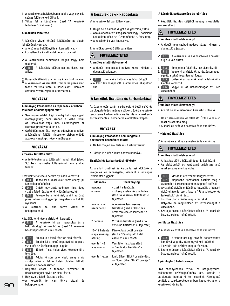 Vigyázat, A készülék be-/kikapcsolása, Figyelmeztetés | A készülék tisztítása és karbantartása | Boneco Air-O-Swiss E2441A User Manual | Page 96 / 114
