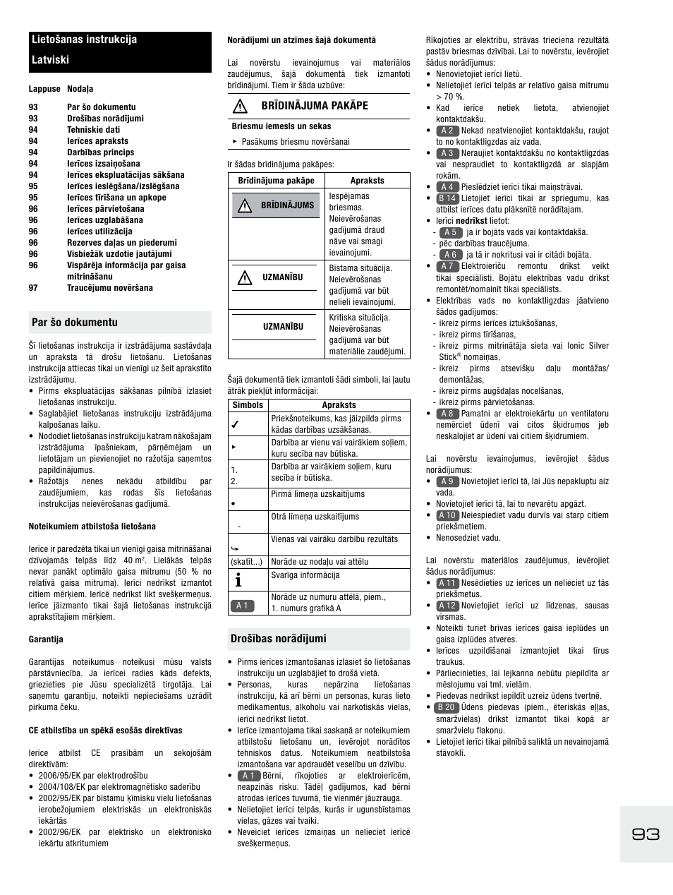 Par šo dokumentu, Brīdinājuma pakāpe, Drošības norādījumi | Lietošanas instrukcija latviski | Boneco Air-O-Swiss E2441A User Manual | Page 99 / 114