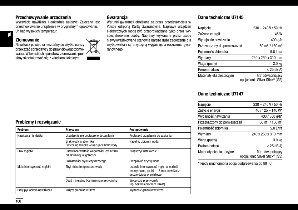 Przechowywanie urządzenia, Złomowanie, Gwarancja | Dane techniczne u7145, Dane techniczne u7147, Problemy i rozwiązanie | Boneco Air-O-Swiss Boneco U7145 User Manual | Page 100 / 164
