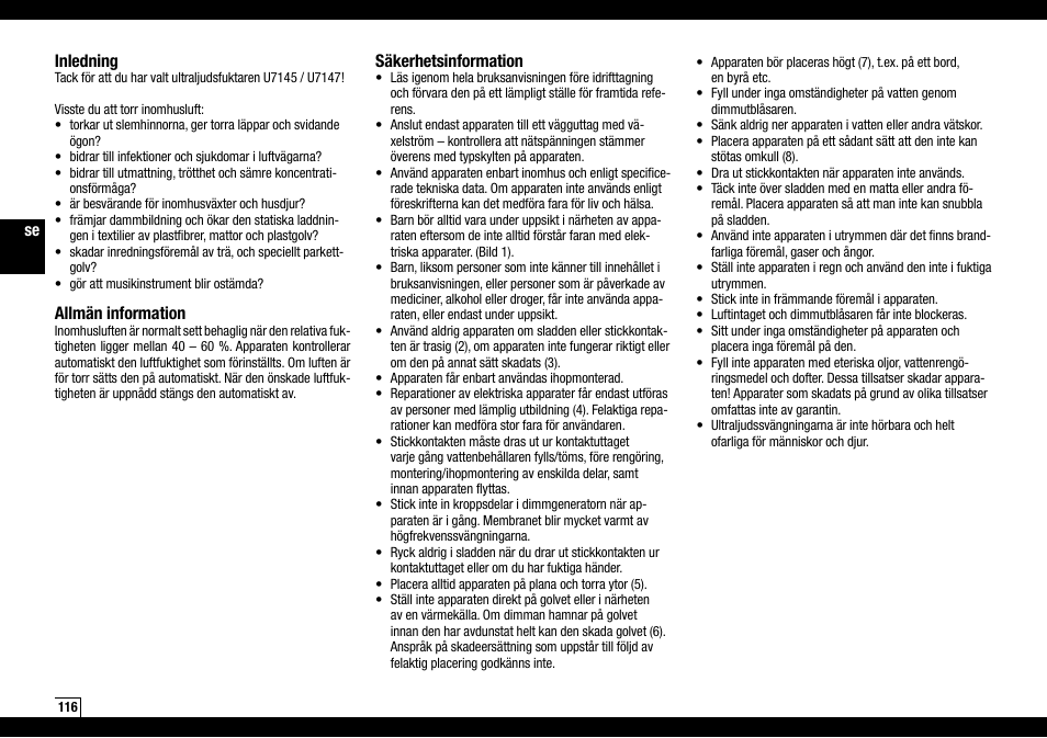 Inledning, Allmän information, Säkerhetsinformation | Boneco Air-O-Swiss Boneco U7145 User Manual | Page 116 / 164