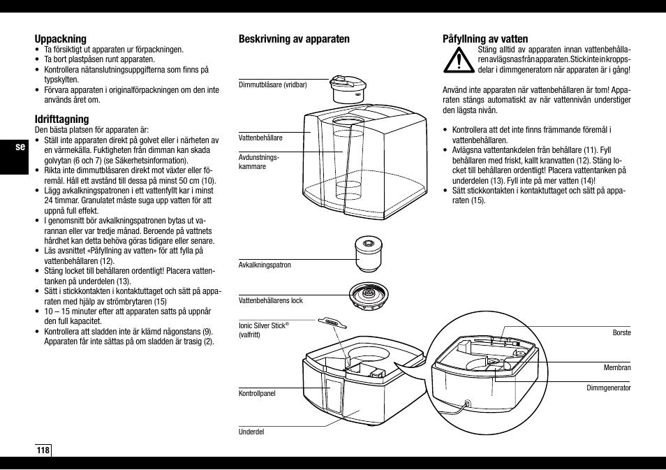 Beskrivning av apparaten påfyllning av vatten, Uppackning, Idrifttagning | Boneco Air-O-Swiss Boneco U7145 User Manual | Page 118 / 164