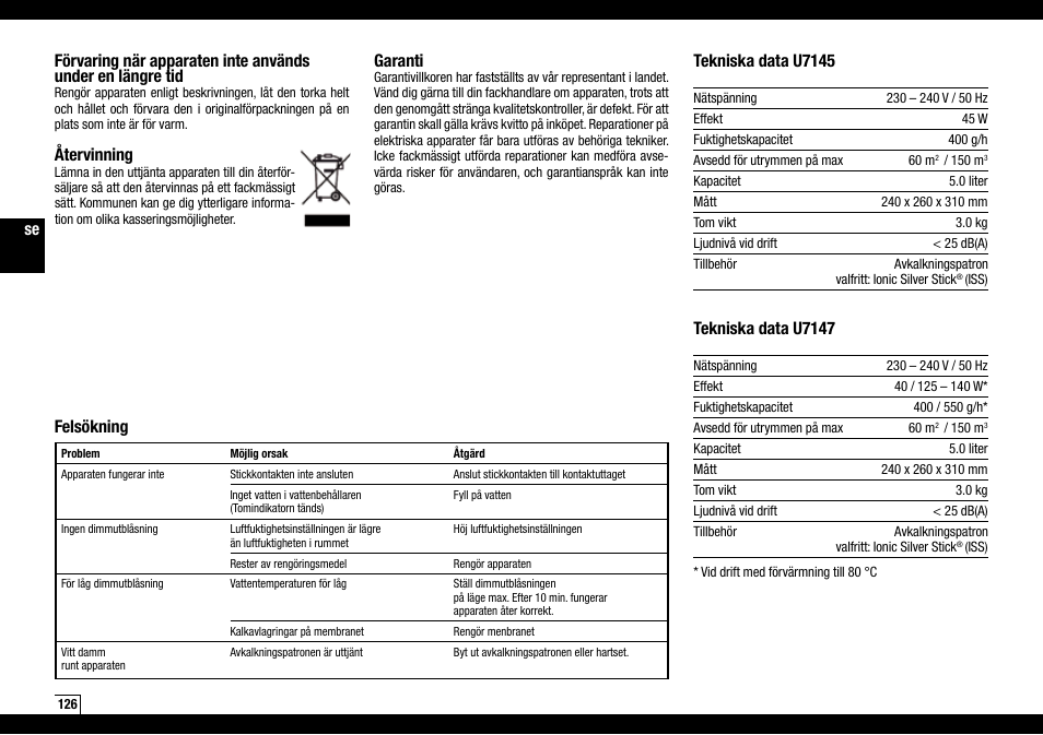 Återvinning, Garanti, Tekniska data u7145 | Tekniska data u7147, Felsökning | Boneco Air-O-Swiss Boneco U7145 User Manual | Page 126 / 164
