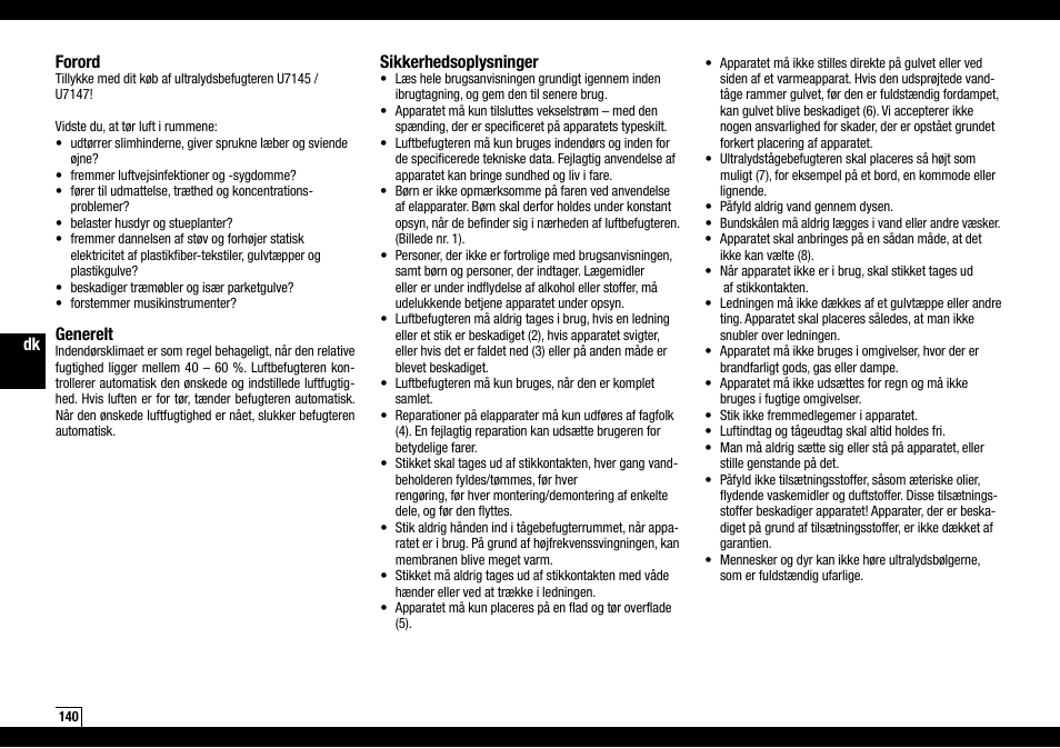 Forord, Generelt, Sikkerhedsoplysninger | Boneco Air-O-Swiss Boneco U7145 User Manual | Page 140 / 164