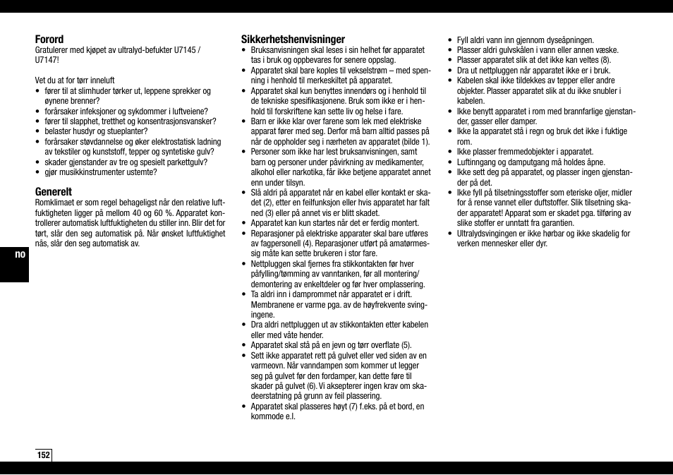 Forord, Generelt, Sikkerhetshenvisninger | Boneco Air-O-Swiss Boneco U7145 User Manual | Page 152 / 164