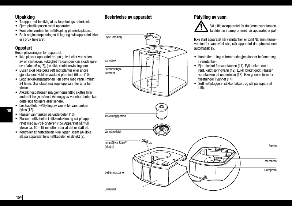 Beskrivelse av apparatet påfylling av vann, Utpakking, Oppstart | Boneco Air-O-Swiss Boneco U7145 User Manual | Page 154 / 164