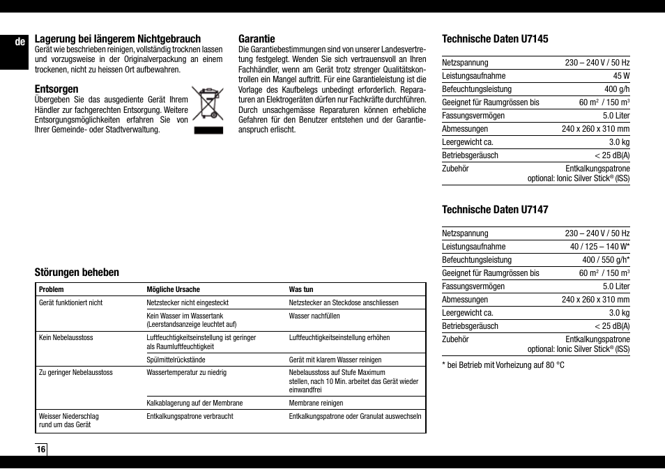 De lagerung bei längerem nichtgebrauch, Entsorgen, Garantie | Technische daten u7147, Störungen beheben technische daten u7145 | Boneco Air-O-Swiss Boneco U7145 User Manual | Page 16 / 164