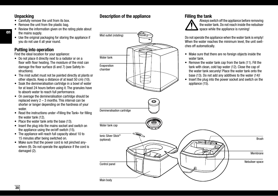 En description of the appliance, Filling the tank, Unpacking | Putting into operation | Boneco Air-O-Swiss Boneco U7145 User Manual | Page 20 / 164