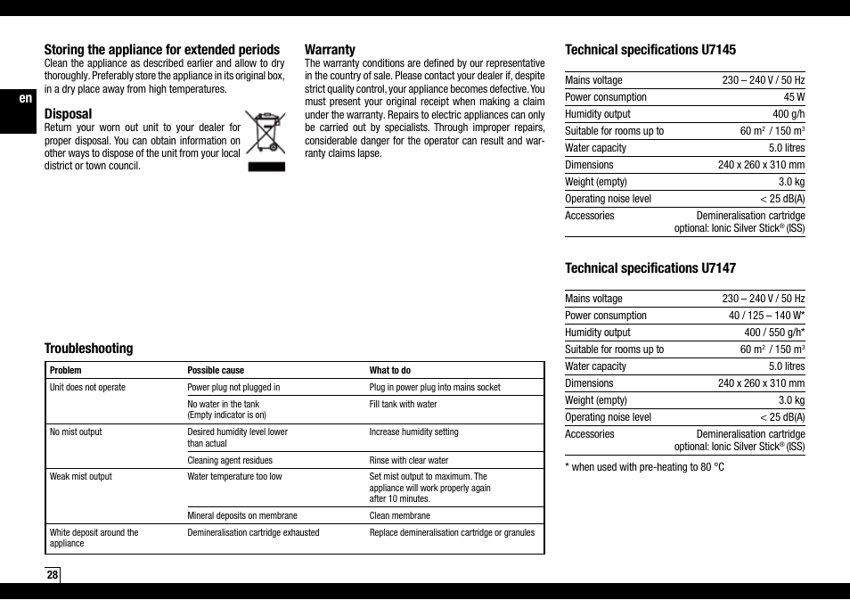 En storing the appliance for extended periods, Disposal, Warranty | Technical specifications u7145, Technical specifications u7147, Troubleshooting | Boneco Air-O-Swiss Boneco U7145 User Manual | Page 28 / 164