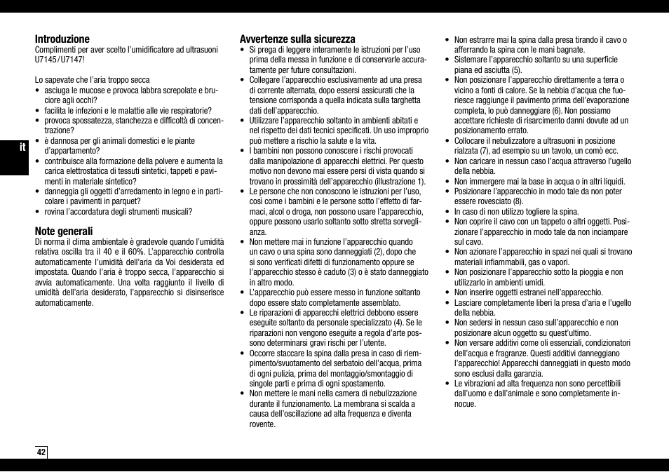 It introduzione, Avvertenze sulla sicurezza | Boneco Air-O-Swiss Boneco U7145 User Manual | Page 42 / 164