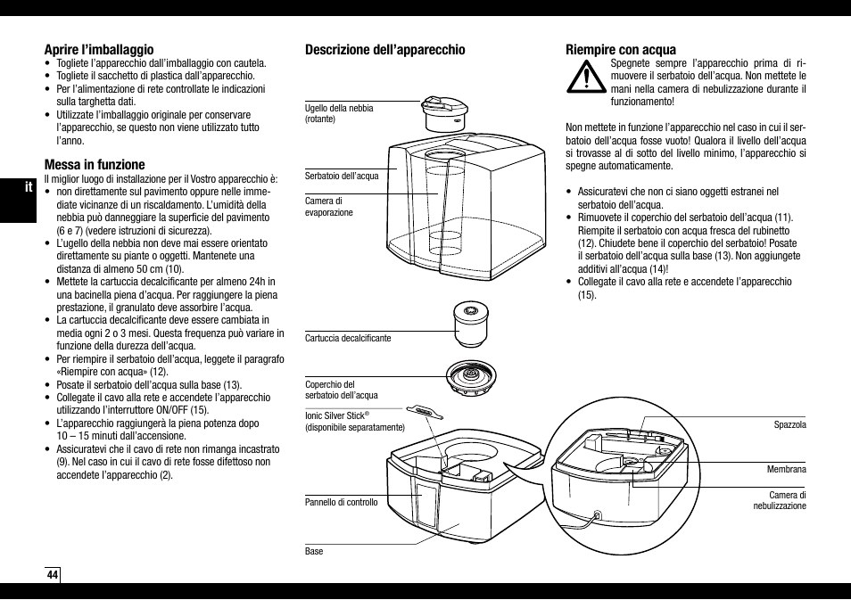 It descrizione dell’apparecchio, Riempire con acqua, Aprire l’imballaggio | Messa in funzione | Boneco Air-O-Swiss Boneco U7145 User Manual | Page 44 / 164