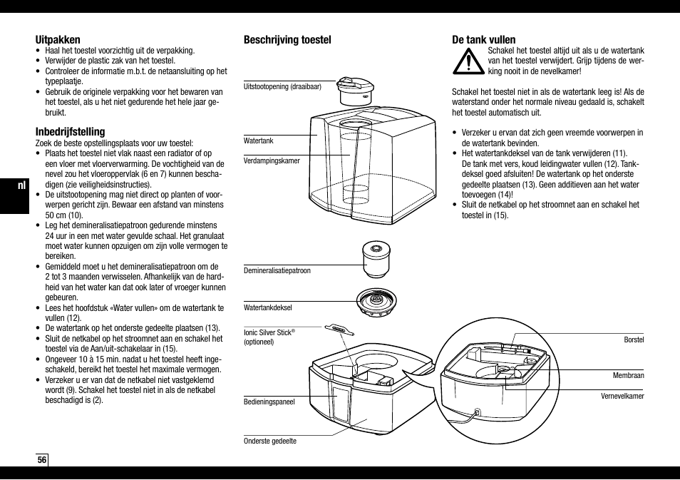Nl beschrijving toestel de tank vullen, Uitpakken, Inbedrijfstelling | Boneco Air-O-Swiss Boneco U7145 User Manual | Page 56 / 164