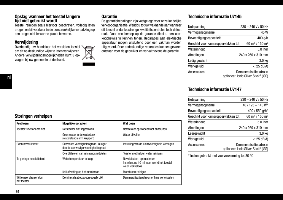 Verwijdering, Garantie, Technische informatie u7145 | Technische informatie u7147, Storingen verhelpen | Boneco Air-O-Swiss Boneco U7145 User Manual | Page 64 / 164