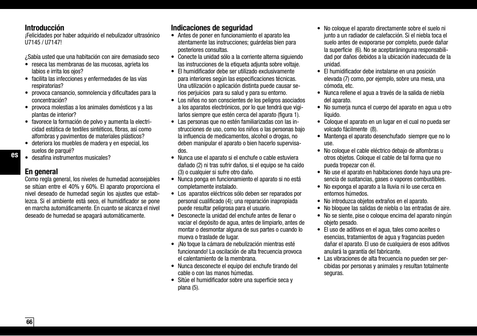 Es introducción, En general, Indicaciones de seguridad | Boneco Air-O-Swiss Boneco U7145 User Manual | Page 66 / 164