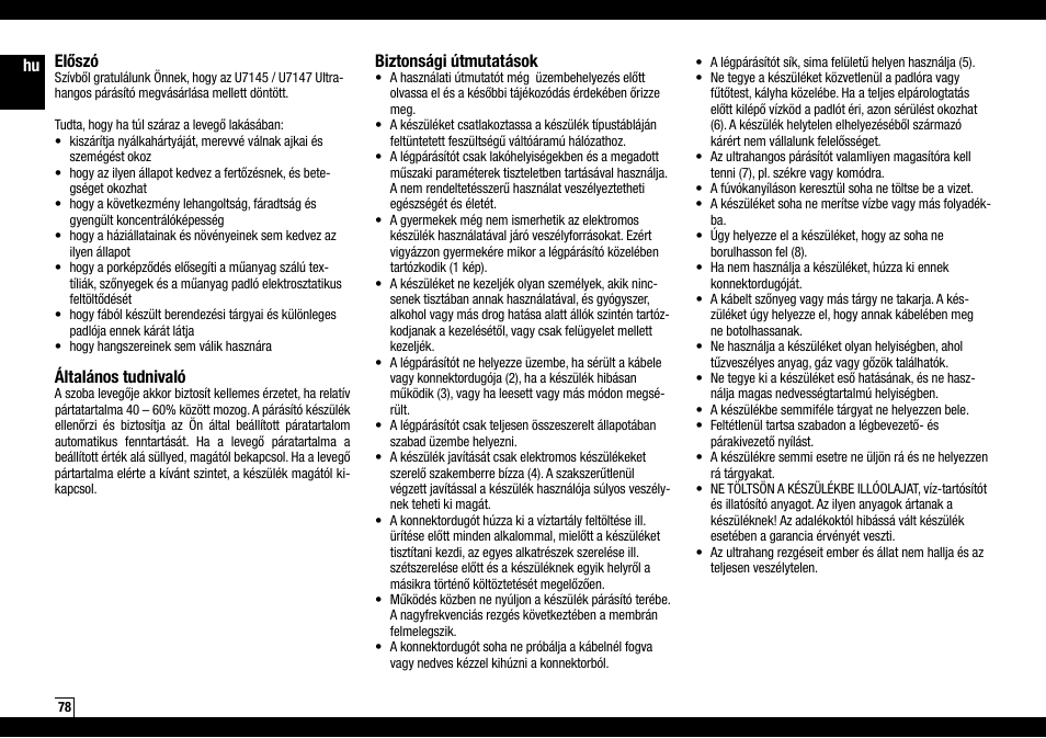 Hu előszó, Általános tudnivaló, Biztonsági útmutatások | Boneco Air-O-Swiss Boneco U7145 User Manual | Page 78 / 164