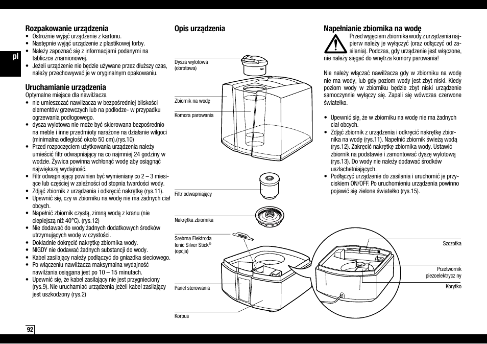 Pl opis urządzenia napełnianie zbiornika na wodę, Rozpakowanie urządzenia, Uruchamianie urządzenia | Boneco Air-O-Swiss Boneco U7145 User Manual | Page 92 / 164