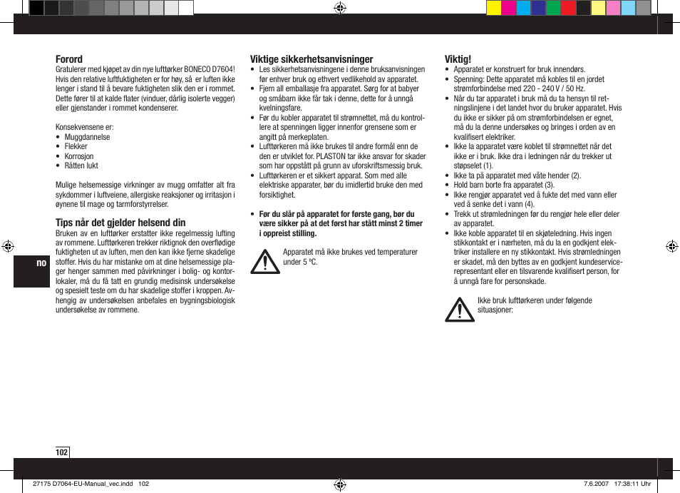 Boneco Air-O-Swiss Boneco D7064 User Manual | Page 102 / 112