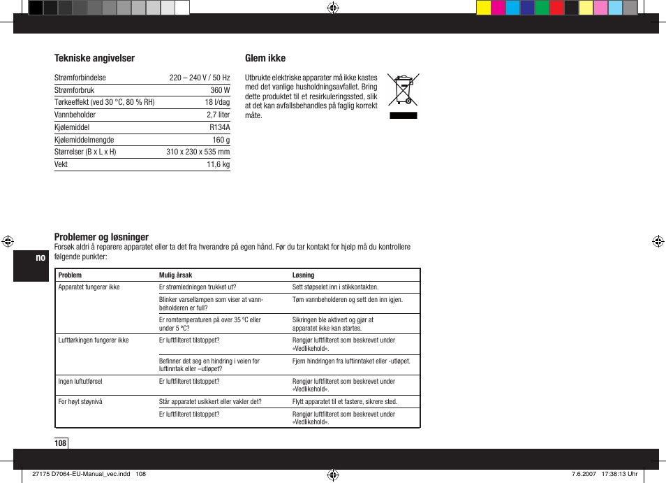 Glem ikke, Tekniske angivelser, Problemer og løsninger | Boneco Air-O-Swiss Boneco D7064 User Manual | Page 108 / 112
