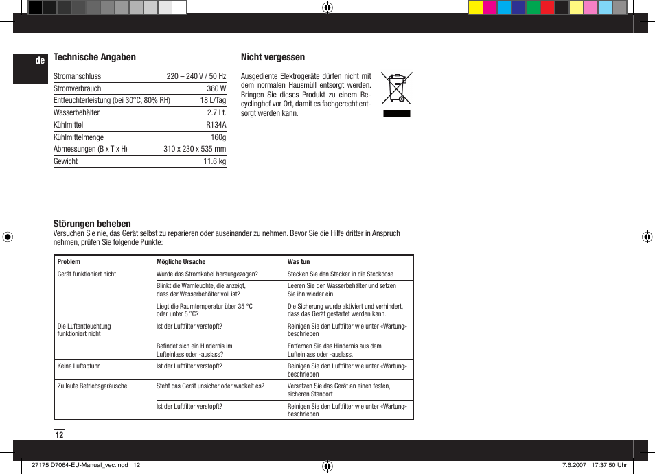 Störungen beheben, Nicht vergessen, Technische angaben | Boneco Air-O-Swiss Boneco D7064 User Manual | Page 12 / 112