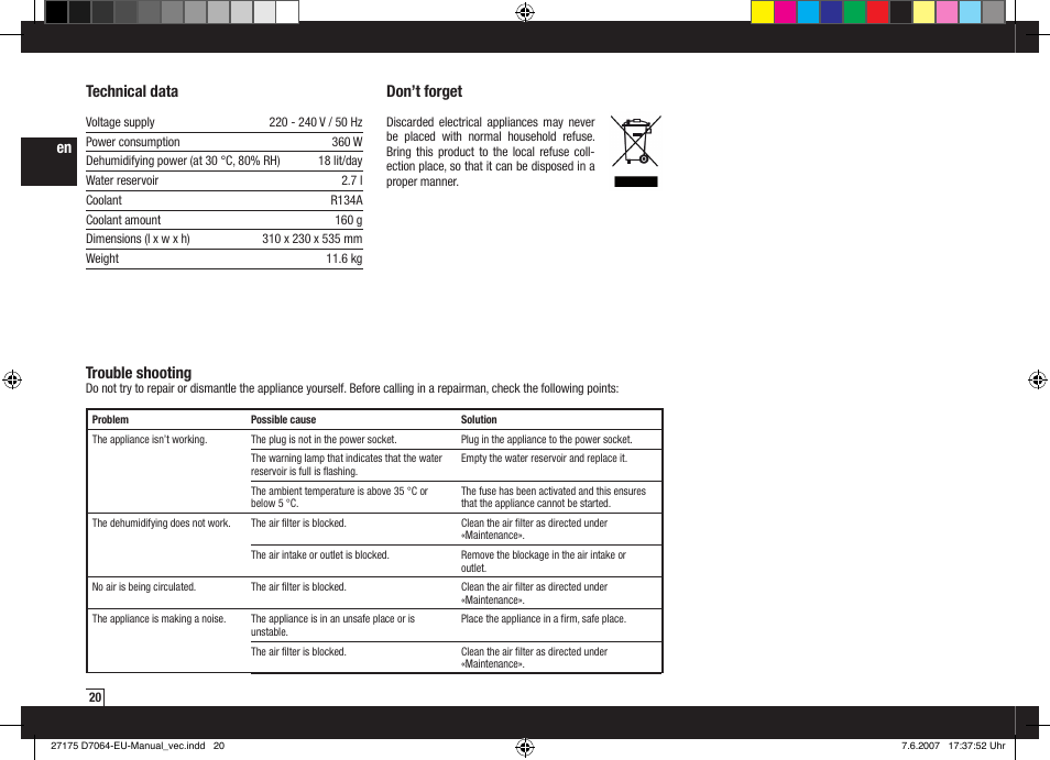 Don’t forget, Technical data, Trouble shooting | Boneco Air-O-Swiss Boneco D7064 User Manual | Page 20 / 112