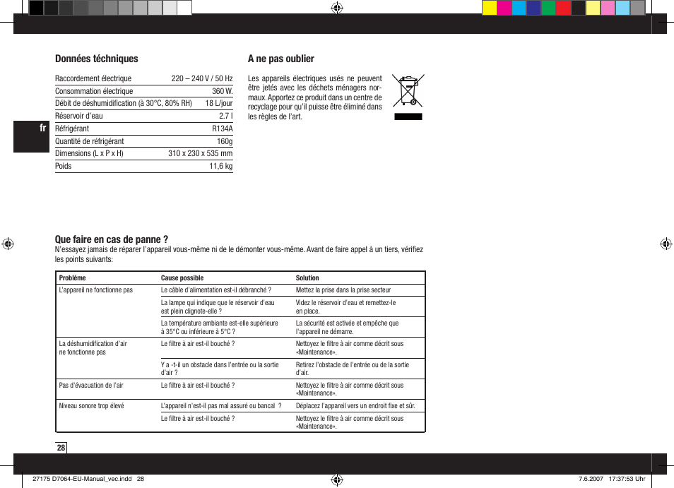 A ne pas oublier, Données téchniques, Que faire en cas de panne | Boneco Air-O-Swiss Boneco D7064 User Manual | Page 28 / 112