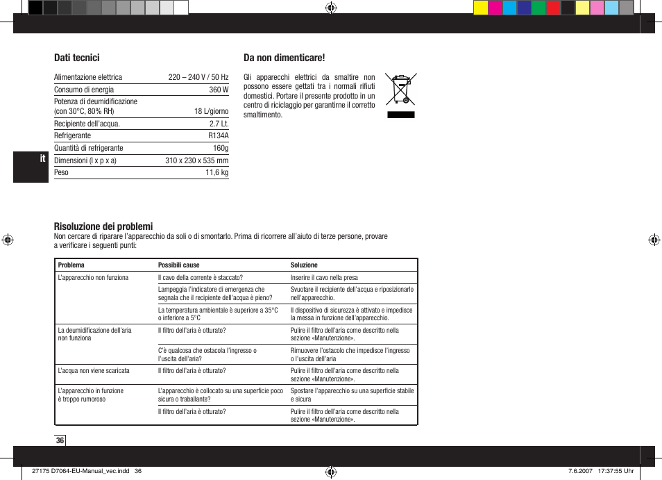 Da non dimenticare, Dati tecnici, Risoluzione dei problemi | Boneco Air-O-Swiss Boneco D7064 User Manual | Page 36 / 112