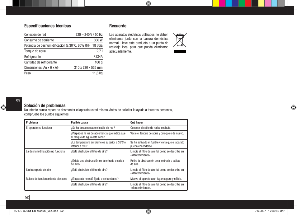 Recuerde, Especificaciones técnicas, Solución de problemas | Boneco Air-O-Swiss Boneco D7064 User Manual | Page 52 / 112